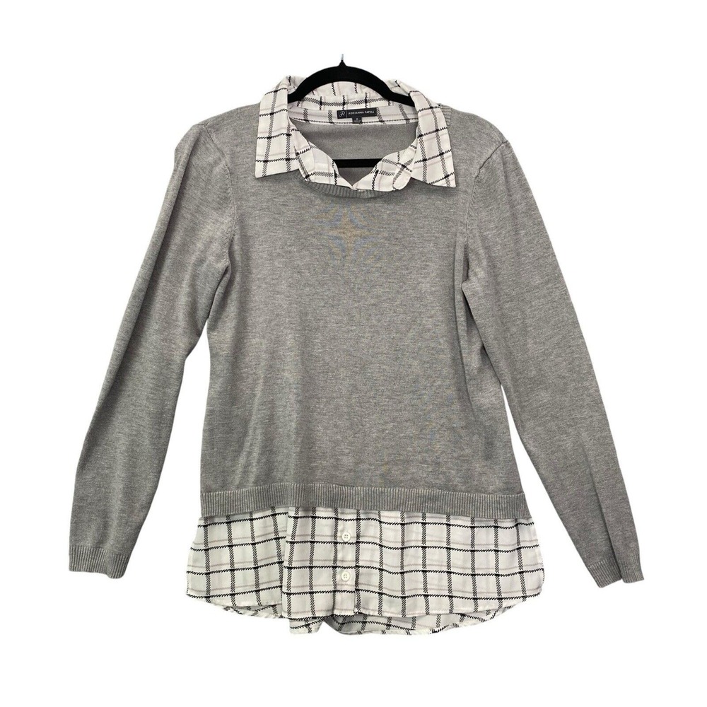 Adrianna Papell Women Twofer Top Collared Sweater Sz M Gray Work Casual 23-10